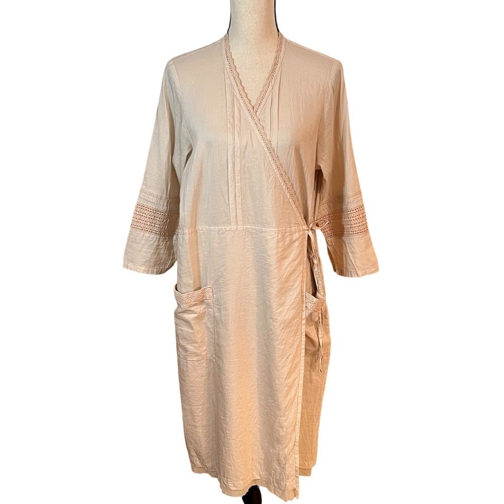 Vlas Blomme Belgian Linen Beige Wrap Dress with Crocheted Lace Trim Sz-One Size